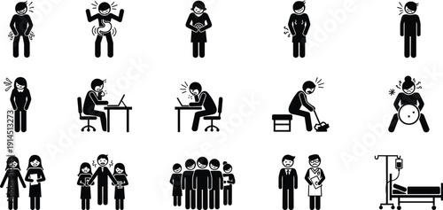 People health problem icons set, medical symptoms silhouette collection, sick person pictogram illustration, healthcare concept vector isolated black white style