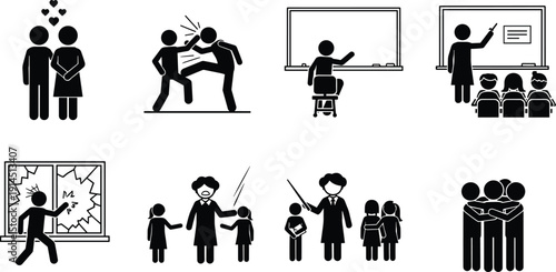 People interaction silhouette icons set, love conflict teaching classroom family teamwork symbols, social behavior human figures vector illustration collection pack