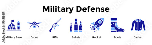 Military Defense Icon Set Collection Pack Banner Web Vector Illustration  Concept Containing Military Base, Drone, Rifle, Bullets, Rocket, Boots, Jacket