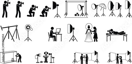Photography studio equipment and photographer silhouette icon set, professional photo shoot lighting camera setup, black white vector illustration collection bundle