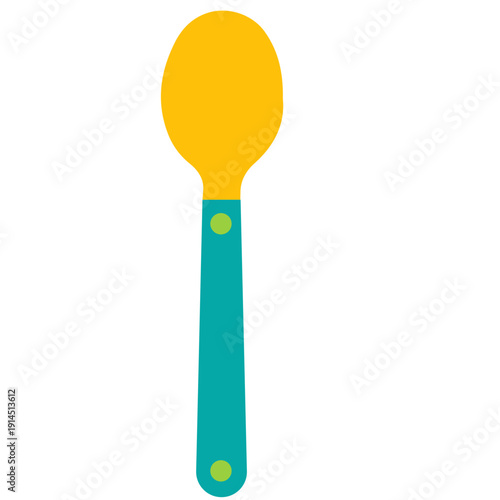 Yellow spoon with blue handle perfect for school cafeteria, student lunch, eating utensils, classroom meals, educational dining, and food service with flat design illustration.