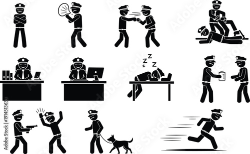 Police officer action icon set, law enforcement silhouettes arrest patrol desk work running K9 unit security pictogram vector illustration pack
