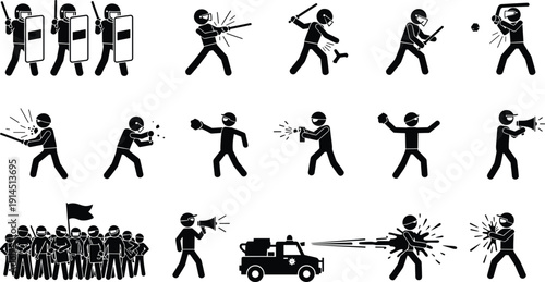 Police riot control and protest action icons set, law enforcement crowd management silhouettes collection, security force vector pictogram illustration bundle
