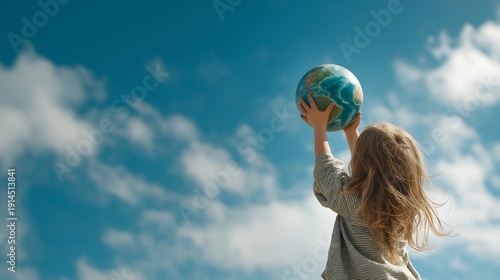 Earth day card. Child with Earth Globe on blue sky background. World peace, no war concept. Environment, save clean planet, ecology concept. Love and Save the World for the Next Generation. Copy space