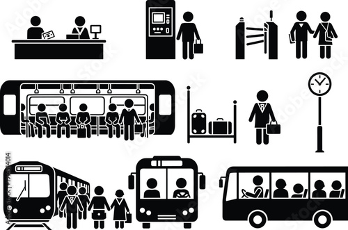 Public transportation commute silhouette icons set, subway train bus passengers ticket gate station travel urban mobility vector illustration collection