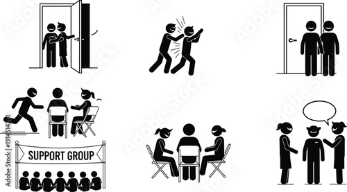 Support group and social interaction silhouette icons, counseling conflict resolution teamwork communication scenes, black white people vector illustration collection set