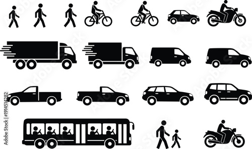 Transportation silhouette icon set, vehicles pedestrian bicycle motorcycle truck bus car van pickup SUV logistics transport vector illustration collection design