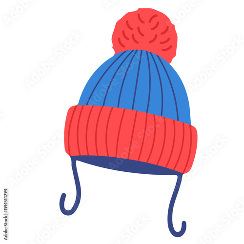 Blue and red winter hat with ear flaps and pom-pom for school outdoor education, student warmth, cold weather protection, and seasonal accessories with flat design.