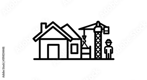 Construction Site with House and Building Crane Overseeing Residential Development