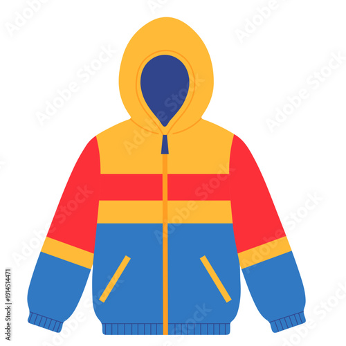 Colorful hooded jacket with yellow, red, and blue ideal for school outdoor activities, student clothing, winter wear, and educational functions with vibrant flat design.
