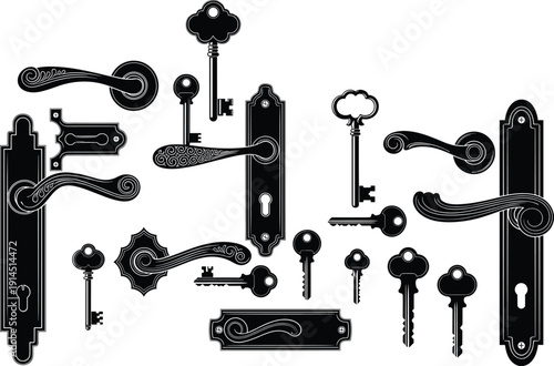 Vintage door handle and antique key silhouette collection, classic ornate hardware elements, retro lock accessories black white vector illustration set