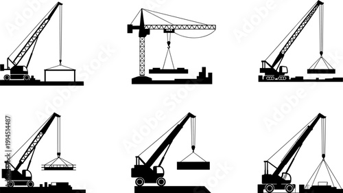 Collection of construction crane silhouettes including mobile, tower and crawler cranes lifting heavy loads, industrial machinery equipment set isolated on white background