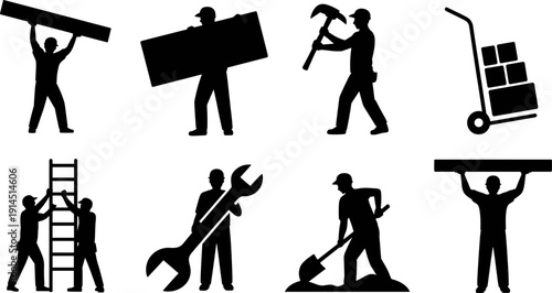 Construction worker silhouette set featuring builders carrying materials, using tools, ladder teamwork and hand truck, industrial labor icons isolated on white background