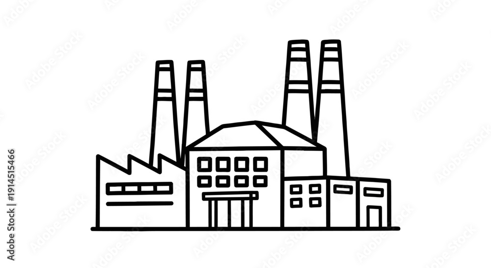 Naklejka premium Factory Building with Industrial Chimneys and Manufacturing Plants
