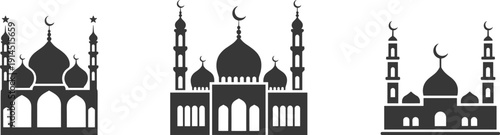 Islamic Mosque Silhouette Collection Featuring Crescent Domes, Minarets and Traditional Muslim Architecture Isolated on White Background for Religious and Cultural Design