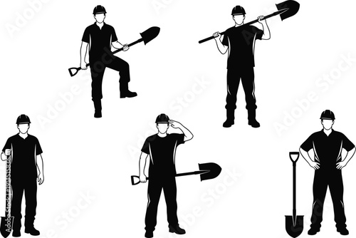 Construction worker silhouettes set with shovel poses showing laborers standing walking saluting and carrying tools isolated on white background usage