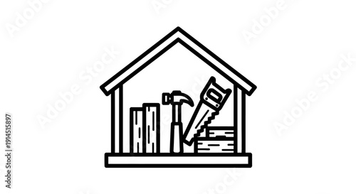 Illustration of a Miniature Wooden House with Construction Tools Inside