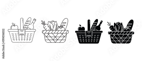 Four shopping baskets with various food items inside  apples bread wine