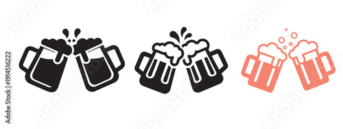 Clinking beer mugs icons in different colors and styles