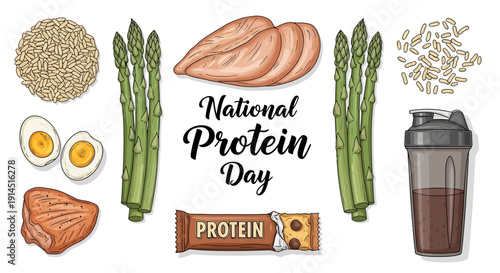 Illustration of various protein-rich foods including eggs, meat, asparagus, beans, nuts, and a protein shake for National Protein Day, promoting a balanced diet and nutritional awareness.