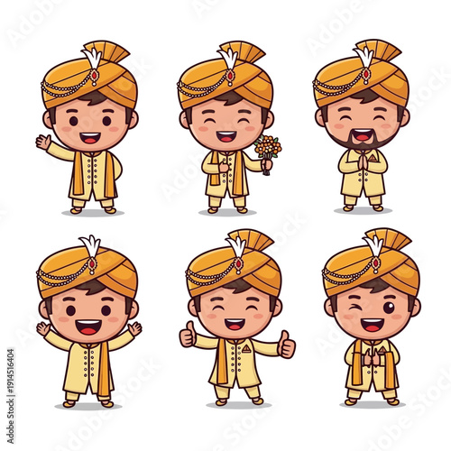 Set of happy Indian groom cartoon characters celebrating traditional wedding festivities