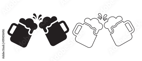Beer mugs toast with foamy beer silhouette and outline illustration