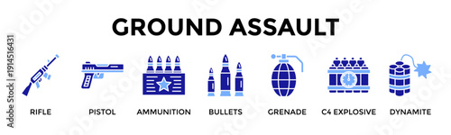 Ground Assault Icon Set Collection Pack Banner Web Vector Illustration  Concept Containing Rifle, Pistol, Ammunition, Bullets, Grenade, C4 Explosive, Dynamite