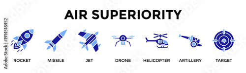 Air Superiority Icon Set Collection Pack Banner Web Vector Illustration  Concept Containing Rocket, Missile, Jet, Drone, Helicopter, Artillery, Target
