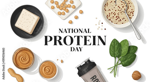 Flat lay illustration of various protein rich foods and drinks on a table for National Protein Day with a bowl of oatmeal, nuts, eggs, and dairy products.