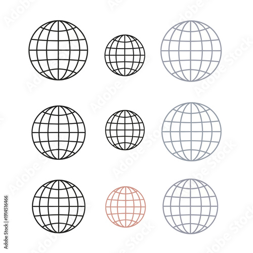 Set of three globe icons in black, red and blue colors