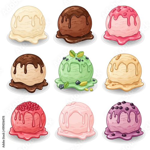 A Delightful Assortment of Colorful Ice Cream Scoops with Delicious Toppings and Drizzles