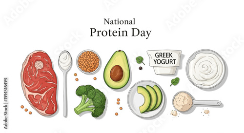 Flat lay illustration of various protein rich foods for National Protein Day including meat, eggs, and dairy products on a white background with a vector style.