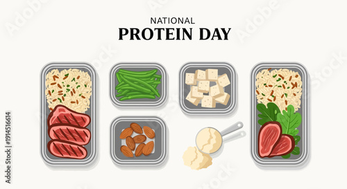 Illustration of various protein-rich foods for National Protein Day, including lean meat, seafood, eggs, nuts, beans, and dairy products, promoting balanced diet and nutritional awareness.