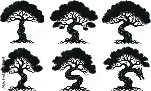 Set of six twisted tree silhouettes with flowing trunks isolated on white background, fantasy botanical vector illustration for nature branding, logo design, mystical forest concepts