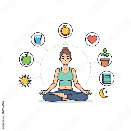 Woman Meditating Surrounded by Icons of Healthy Lifestyle Elements