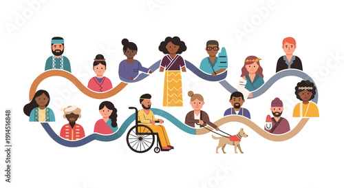 Diverse group of people holding hands in a chain, promoting unity and inclusivity.