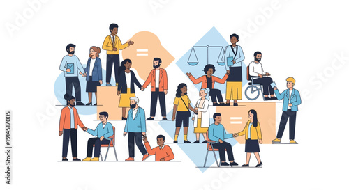 Illustration of diverse people with disabilities and different ethnicities promoting global equality awareness on Zero Discrimination Day with a colorful infographic design.