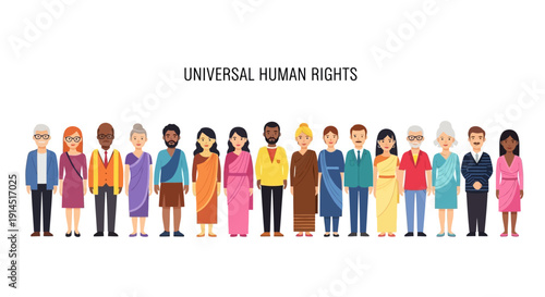 Illustration of diverse people standing together with universal human rights text above them on a white background, promoting global equality awareness and social inclusion.