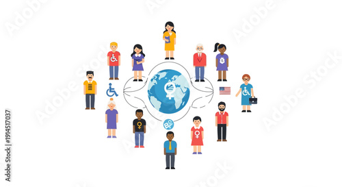 Illustration of diverse people standing around the globe, promoting global equality awareness and zero discrimination on a white background with colorful characters.