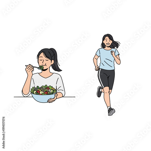 Woman Eating Salad and Woman Running: Healthy Lifestyle Concept