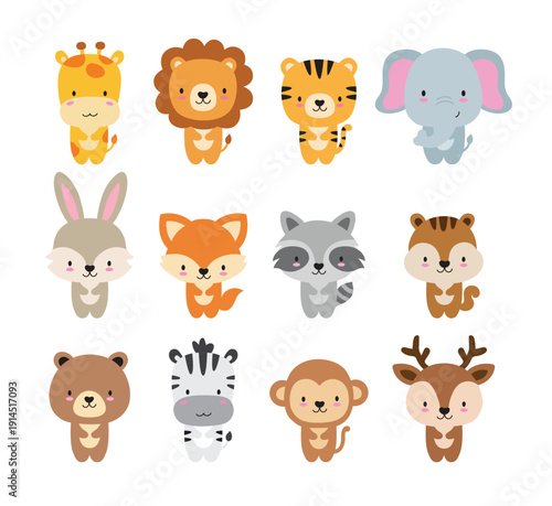 Photography Cute wild animals vector illustration set featuring twelve forest animals in standing poses