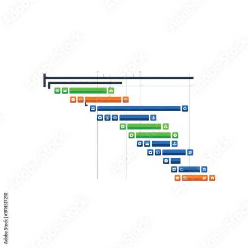 Gantt Chart Timeline with Colored Task Bars and Icons