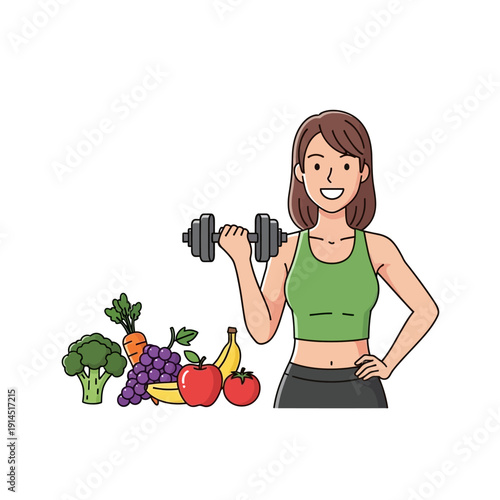 Woman exercising with dumbbell and fresh fruits and vegetables for healthy lifestyle.
