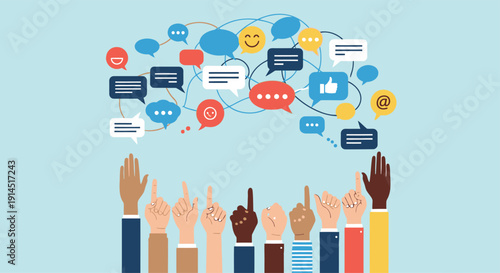 Group of diverse hands raised with interconnected chat bubbles and icons