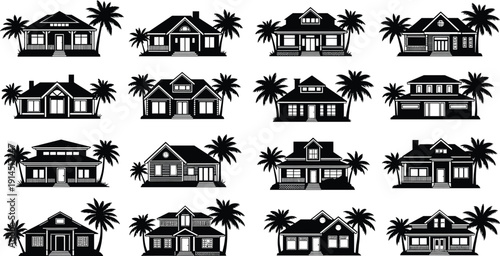 Tropical house silhouette collection vector, black beach villa and palm tree icons isolated on white background for real estate design, logo, illustration, pattern, branding, architecture themes