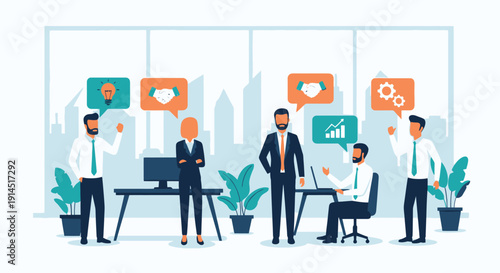 Business team in modern office collaborating with charts and dialogue bubbles