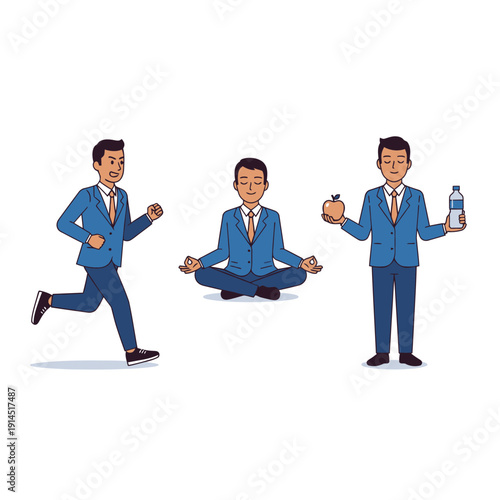Businessman's Healthy Lifestyle: Running, Meditation, and Healthy Food Choices