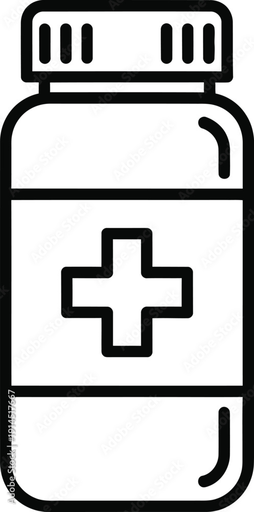 Obraz premium A simple line drawing of a medicine bottle with a cross on it.