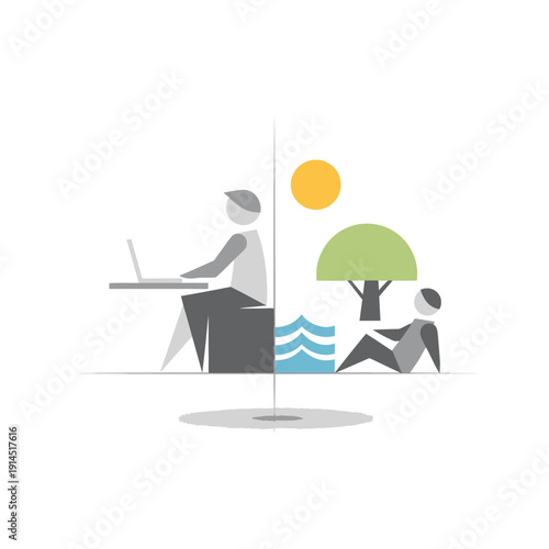 Work-life balance concept: person working on laptop vs relaxing outdoors by tree and water