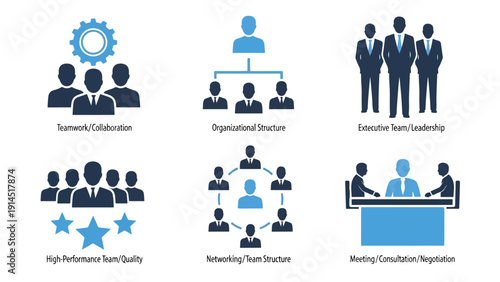 Teamwork and organizational structure icons - Blue icon set - Modern style icon - Vector icon set - Glyph and solid icon set - Icon vector - Flat Design Icon - Stock illustration